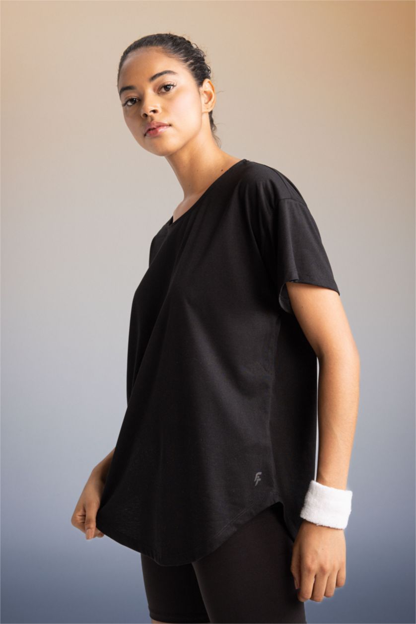 WOMAN Black DeFactoFit Long Fit Crew Neck Short Sleeve T-Shirt