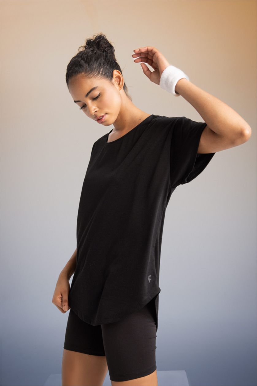 WOMAN Black DeFactoFit Long Fit Crew Neck Short Sleeve T-Shirt