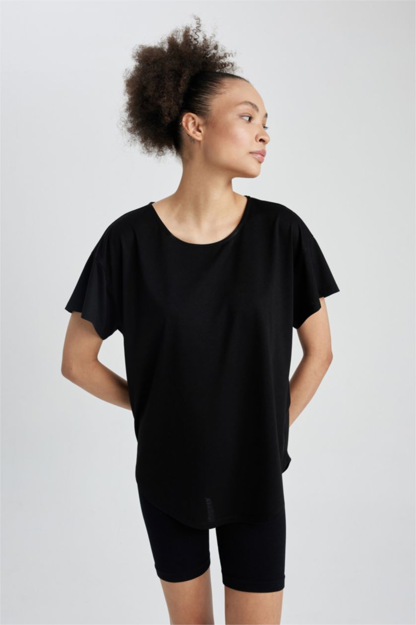 WOMAN Black DeFactoFit Long Fit Crew Neck Short Sleeve T-Shirt