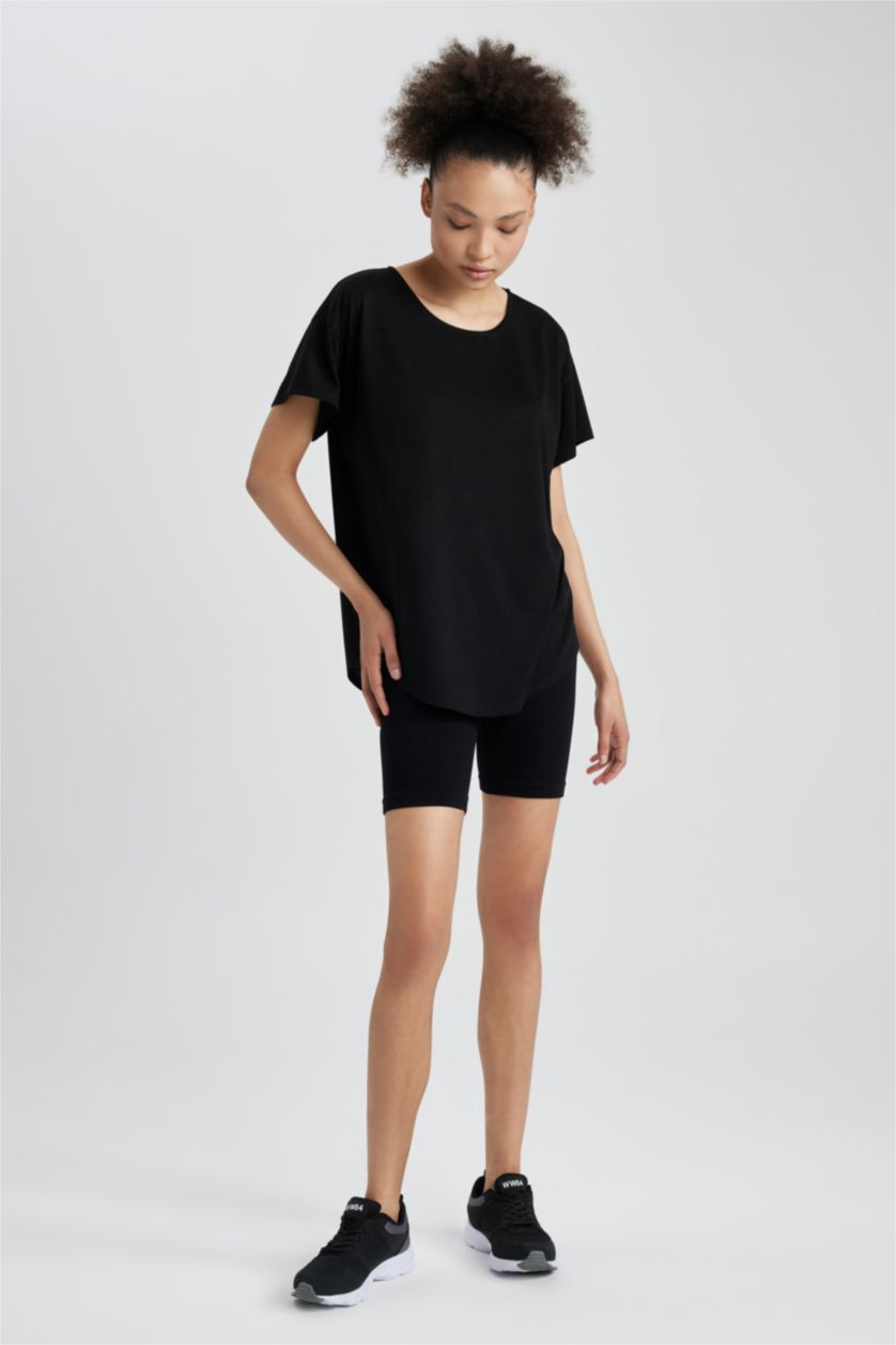 WOMAN Black DeFactoFit Long Fit Crew Neck Short Sleeve T-Shirt