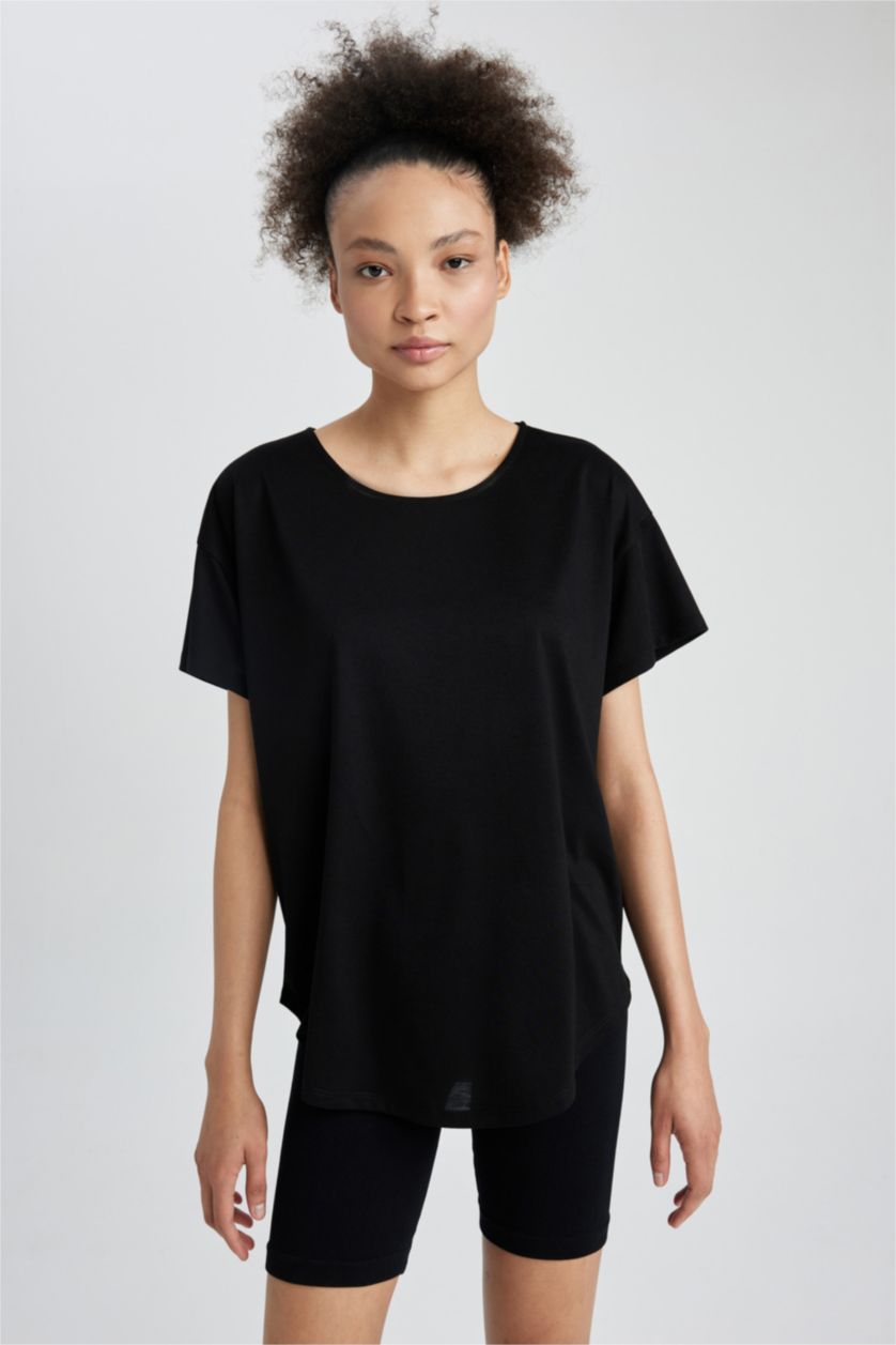 WOMAN Black DeFactoFit Long Fit Crew Neck Short Sleeve T-Shirt