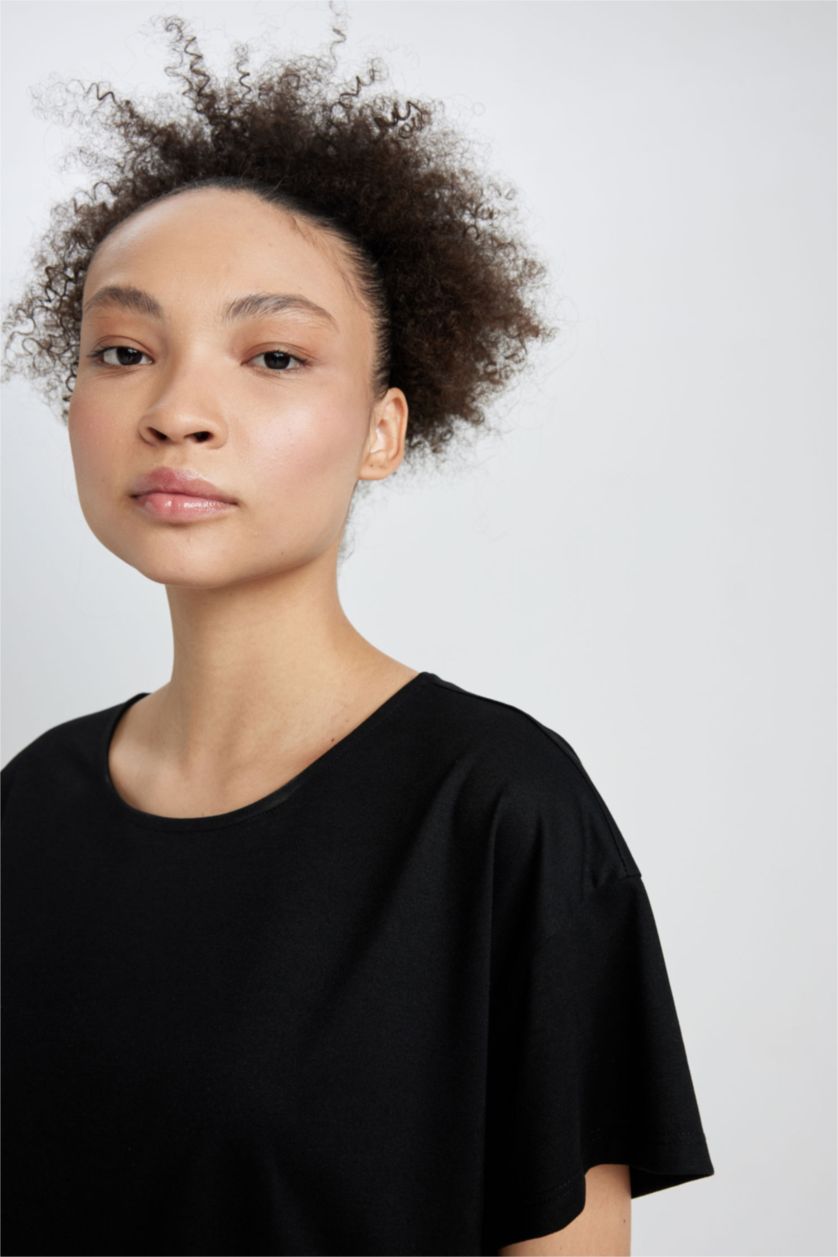 WOMAN Black DeFactoFit Long Fit Crew Neck Short Sleeve T-Shirt