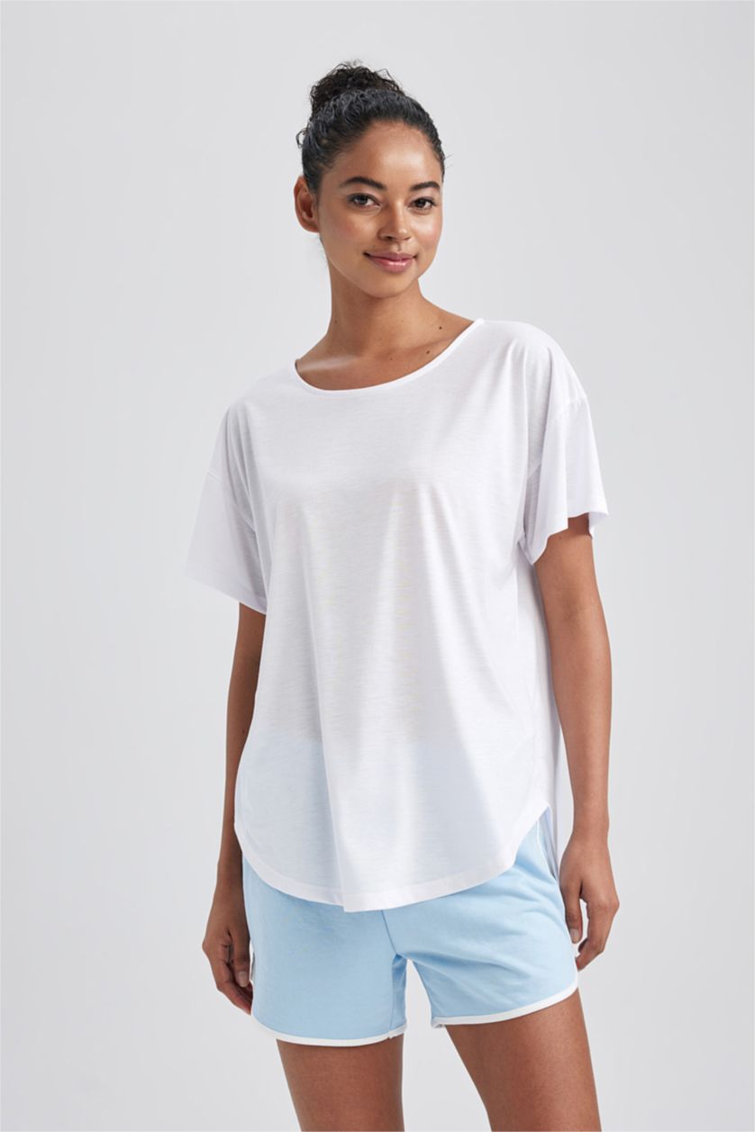 WOMAN Violet Beyaz DeFactoFit Long Fit Crew Neck Sports T-Shirt