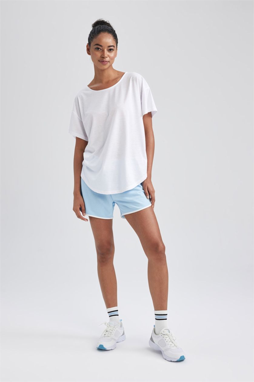 WOMAN Violet Beyaz DeFactoFit Long Fit Crew Neck Sports T-Shirt