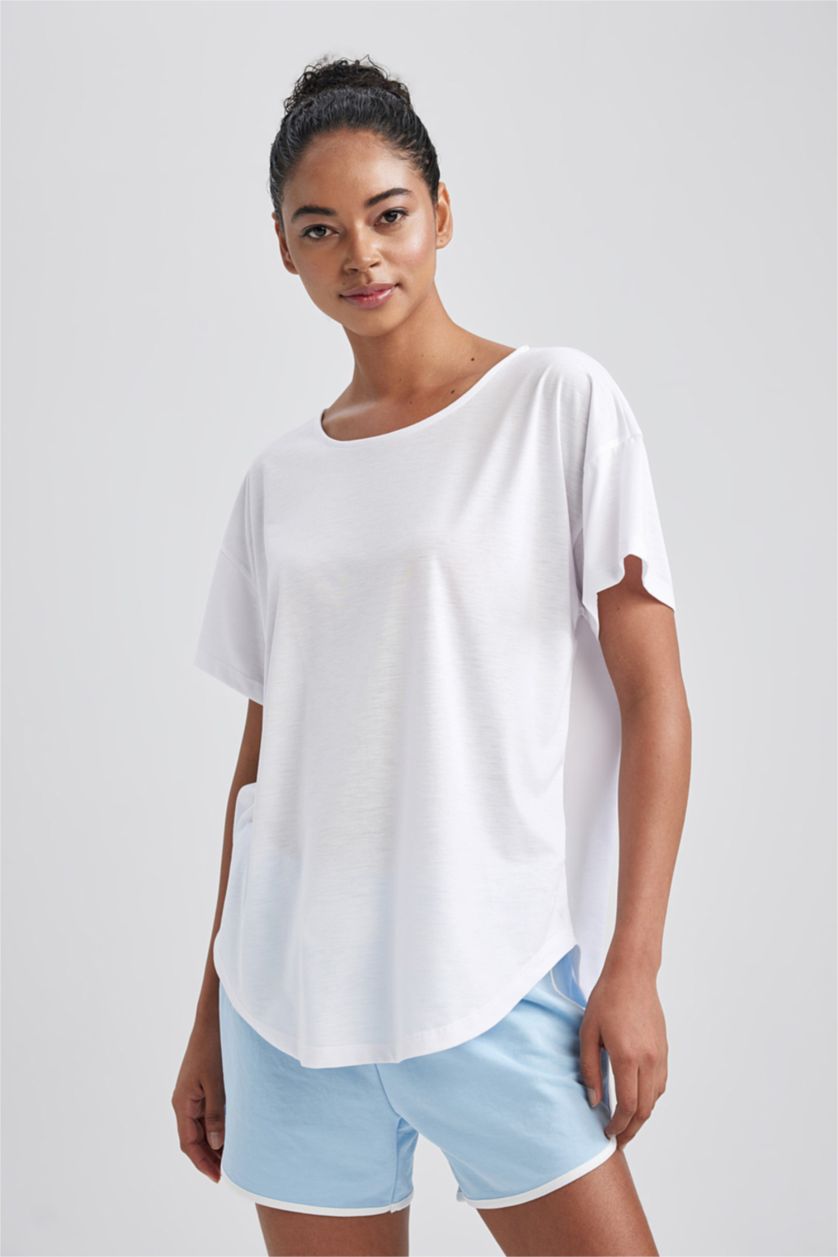 WOMAN Violet Beyaz DeFactoFit Long Fit Crew Neck Sports T-Shirt