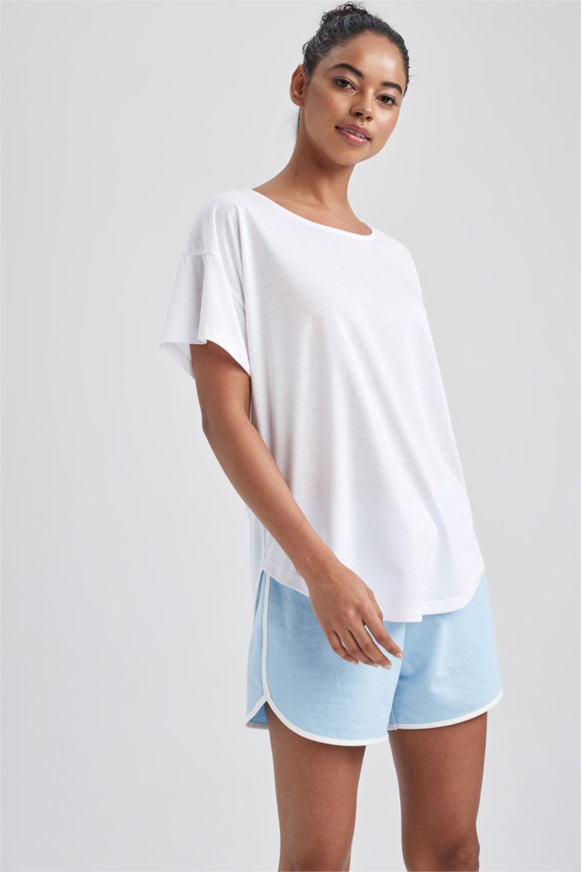 WOMAN Violet Beyaz DeFactoFit Long Fit Crew Neck Sports T-Shirt