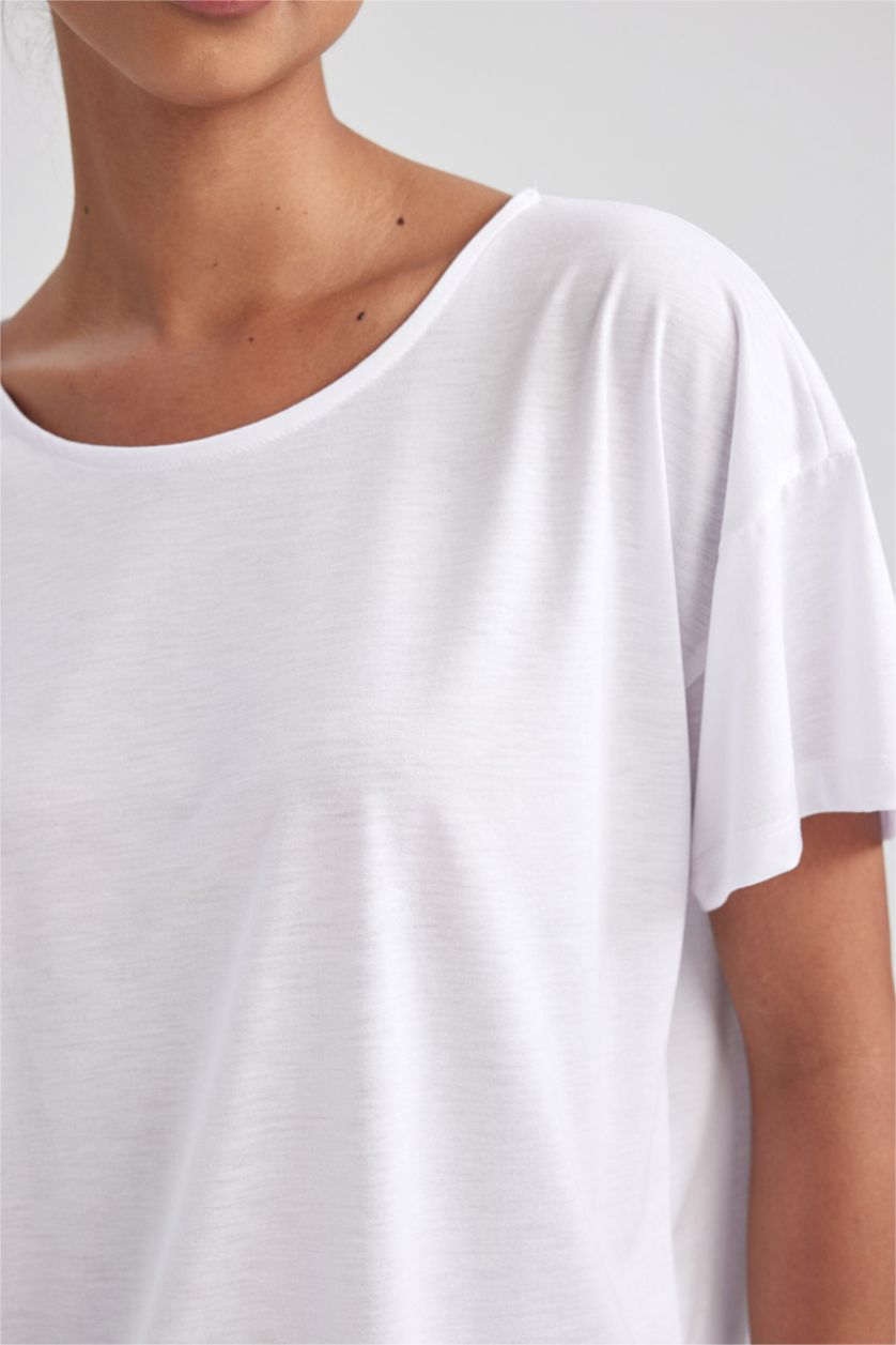 WOMAN Violet Beyaz DeFactoFit Long Fit Crew Neck Sports T-Shirt
