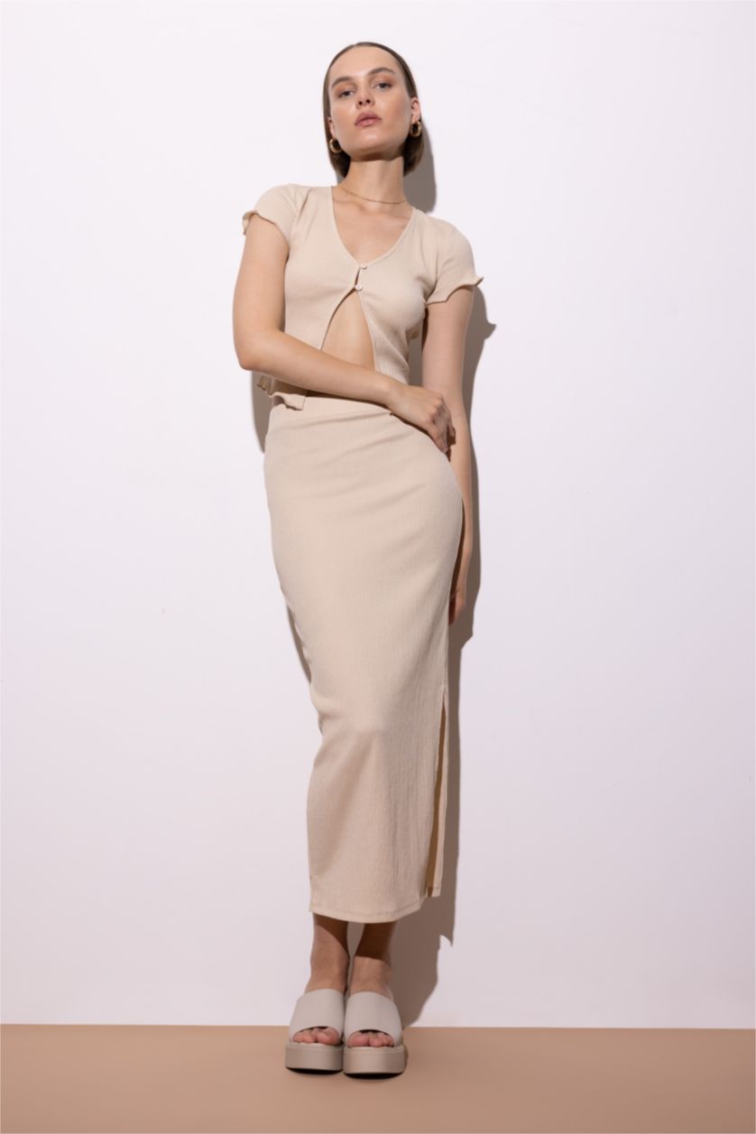 Woman Light Beige Pencil Skirt Maxi Knitted Skirt