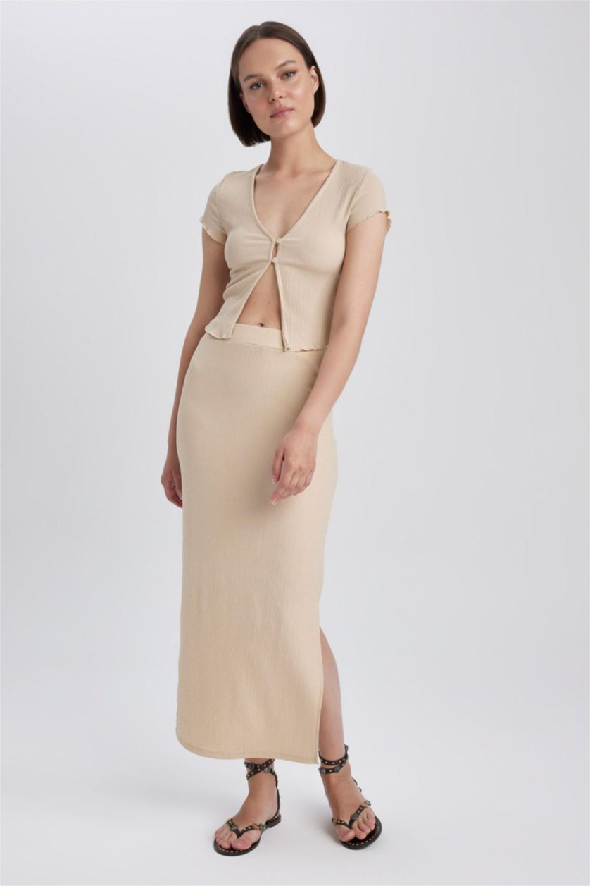 Woman Light Beige Pencil Skirt Maxi Knitted Skirt