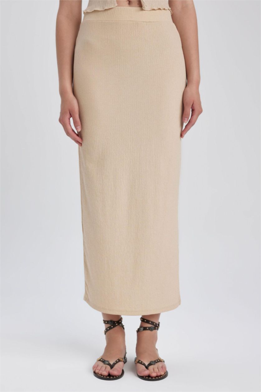 Woman Light Beige Pencil Skirt Maxi Knitted Skirt