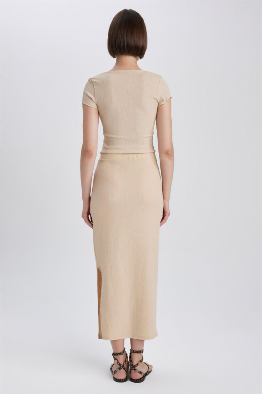 Woman Light Beige Pencil Skirt Maxi Knitted Skirt