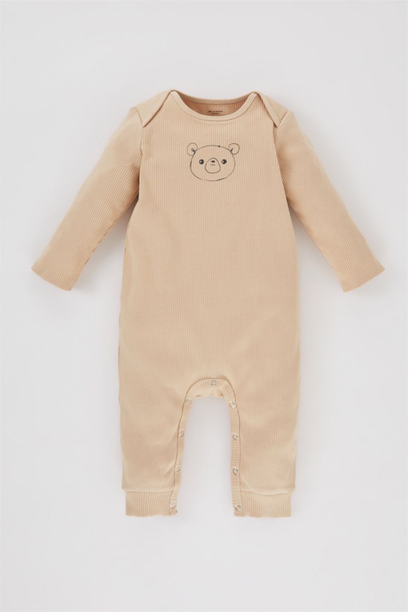 BABY BOY Beige Baby Boy Bear Printed Ribbed Camisole Jumpsuit