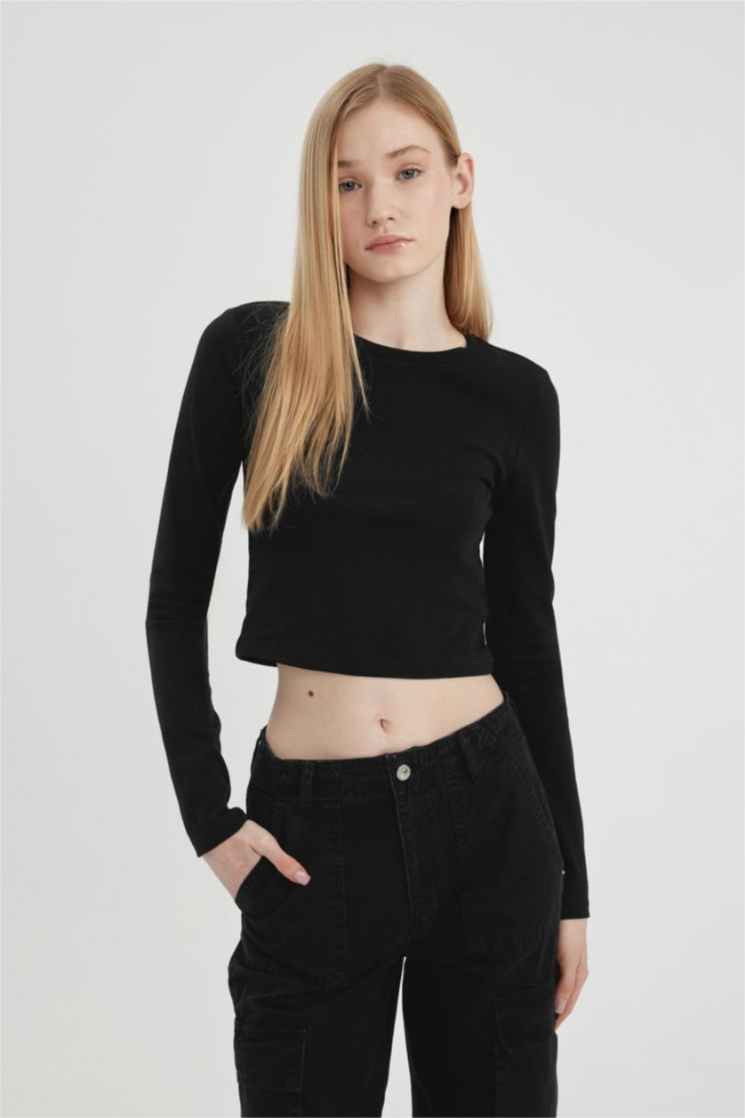 Kadın Siyah Coool Fitted Ribana Basic Uzun Kollu Tişört