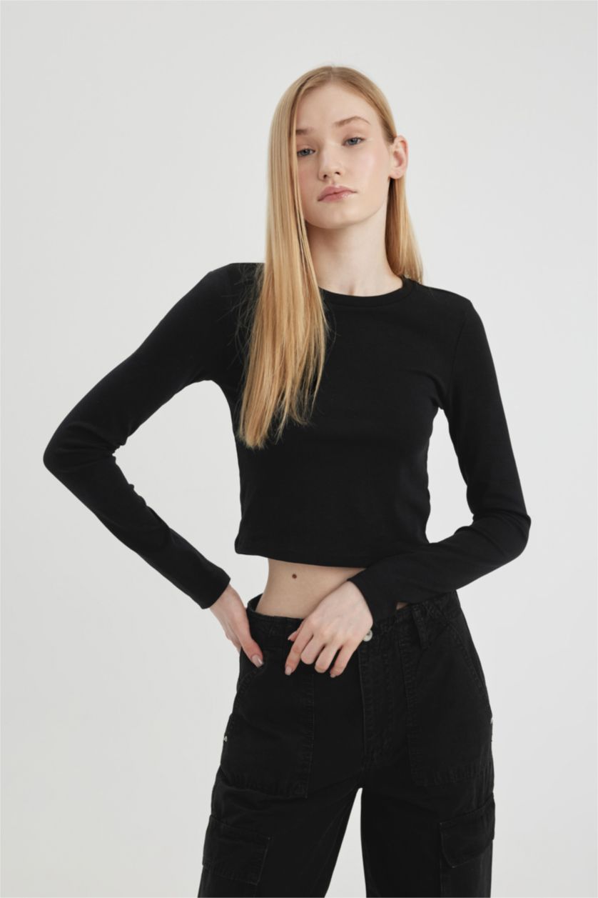 Kadın Siyah Coool Fitted Ribana Basic Uzun Kollu Tişört
