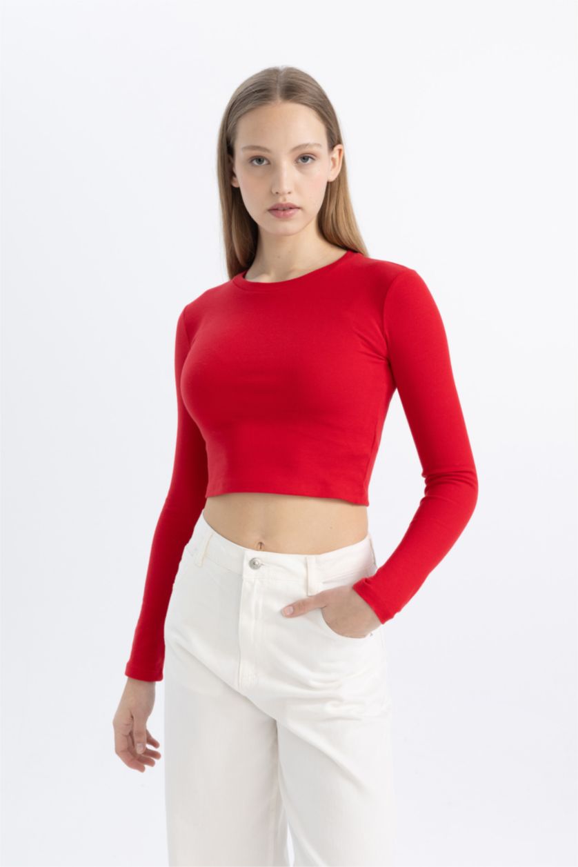 WOMAN Red Slim Fit Ribana Long Sleeve T-Shirt