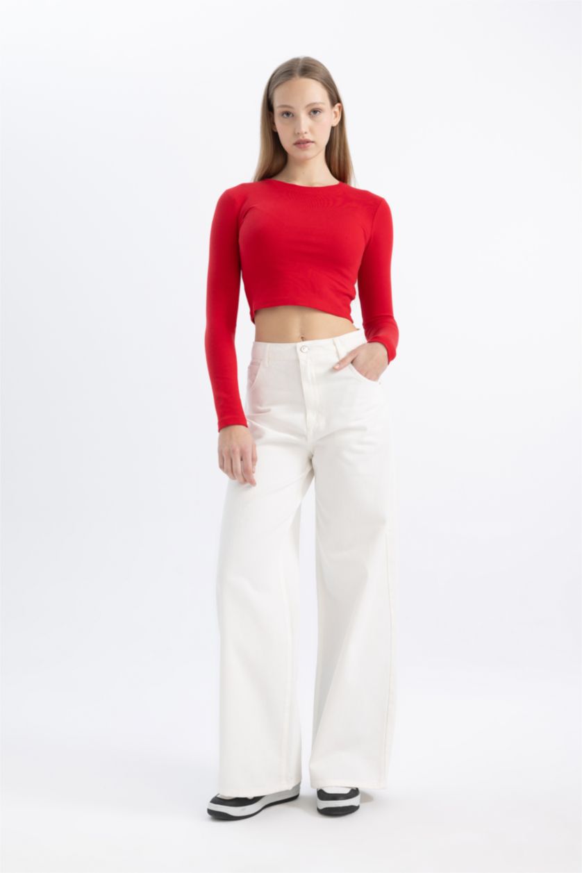 WOMAN Red Slim Fit Ribana Long Sleeve T-Shirt