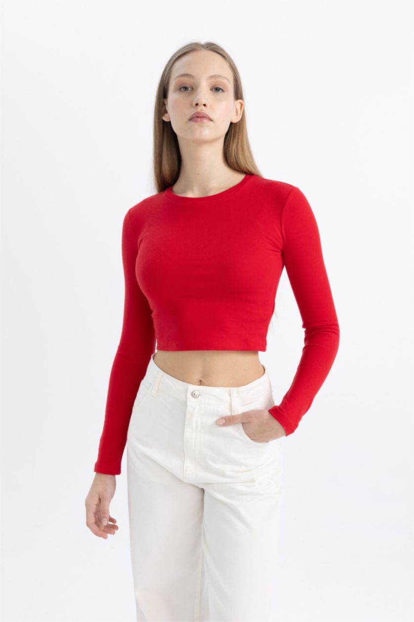 WOMAN Red Slim Fit Ribana Long Sleeve T-Shirt