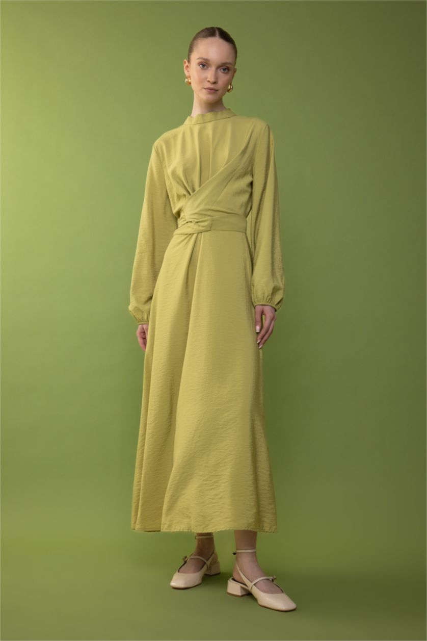 FEMME Vert Robe Tissée À Manches Longues Col De Chemise