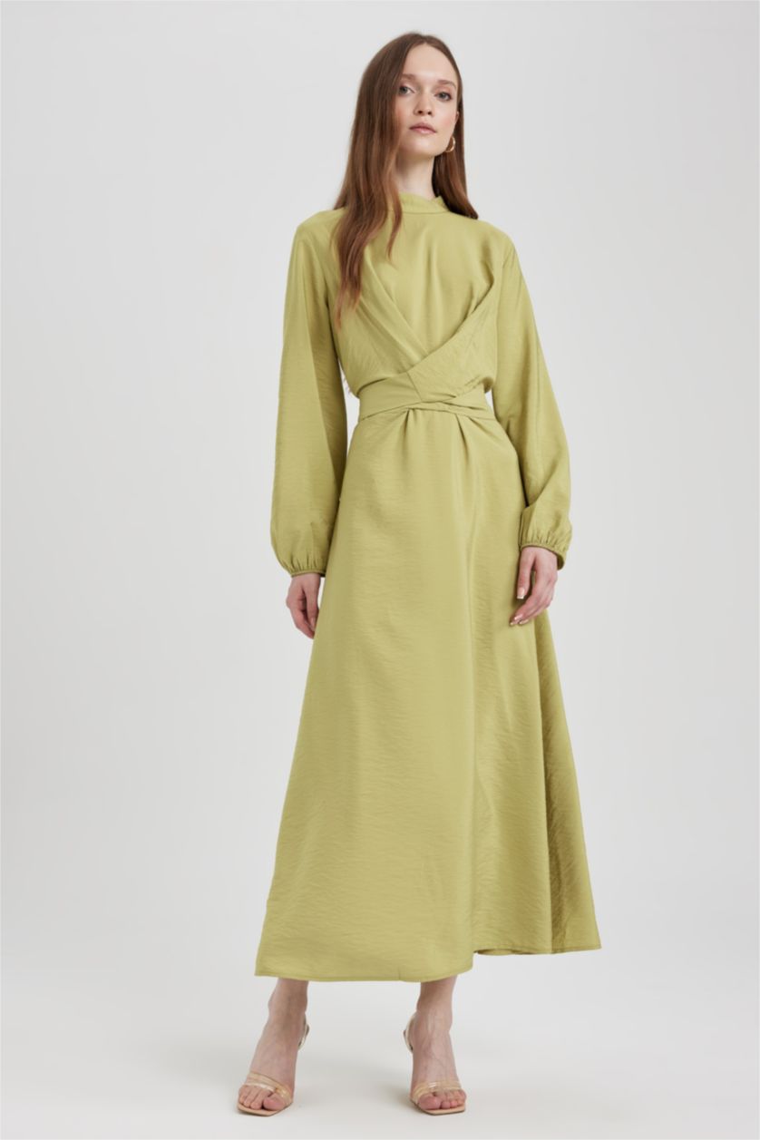 FEMME Vert Robe Tissée À Manches Longues Col De Chemise