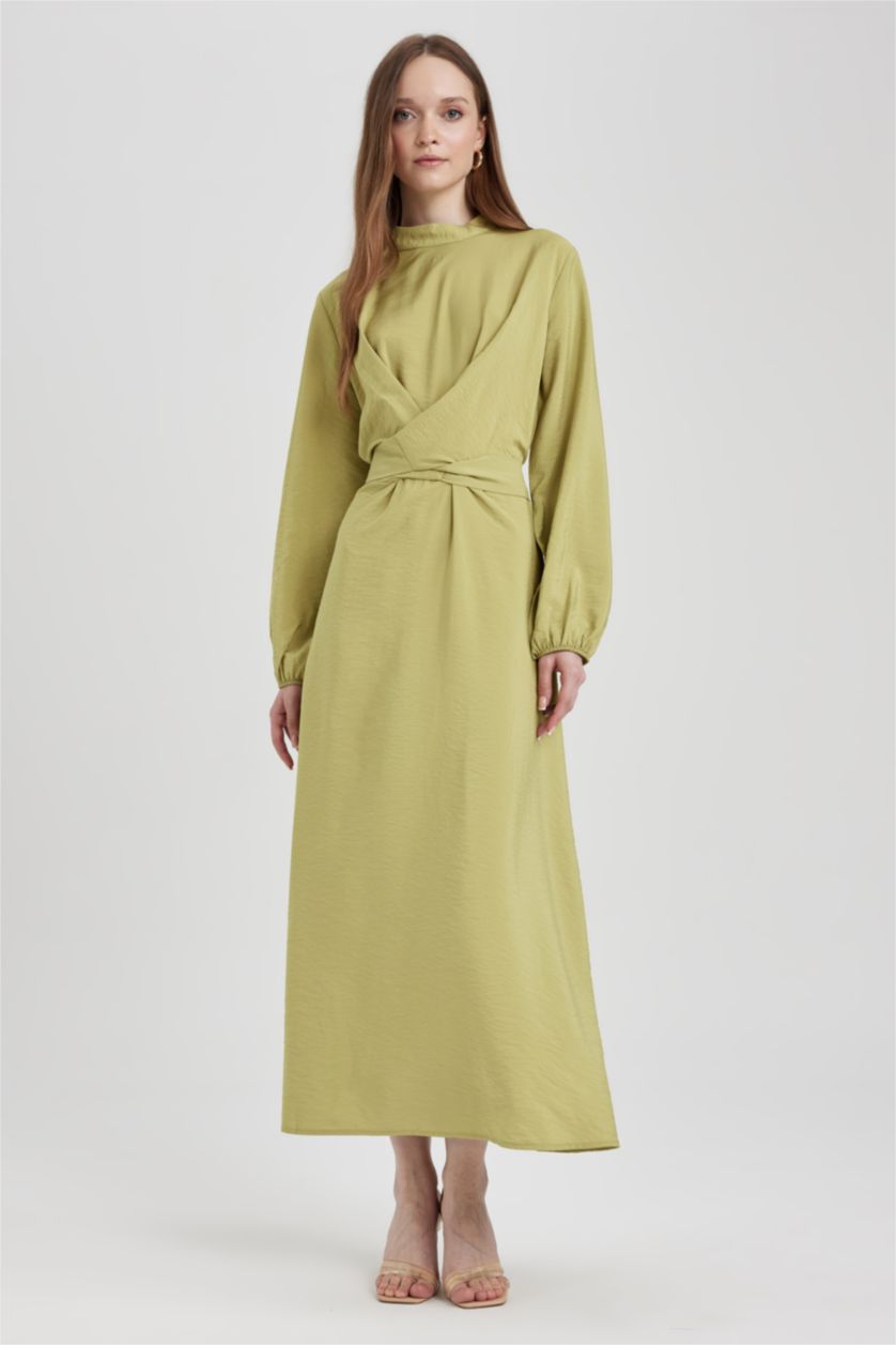 FEMME Vert Robe Tissée À Manches Longues Col De Chemise