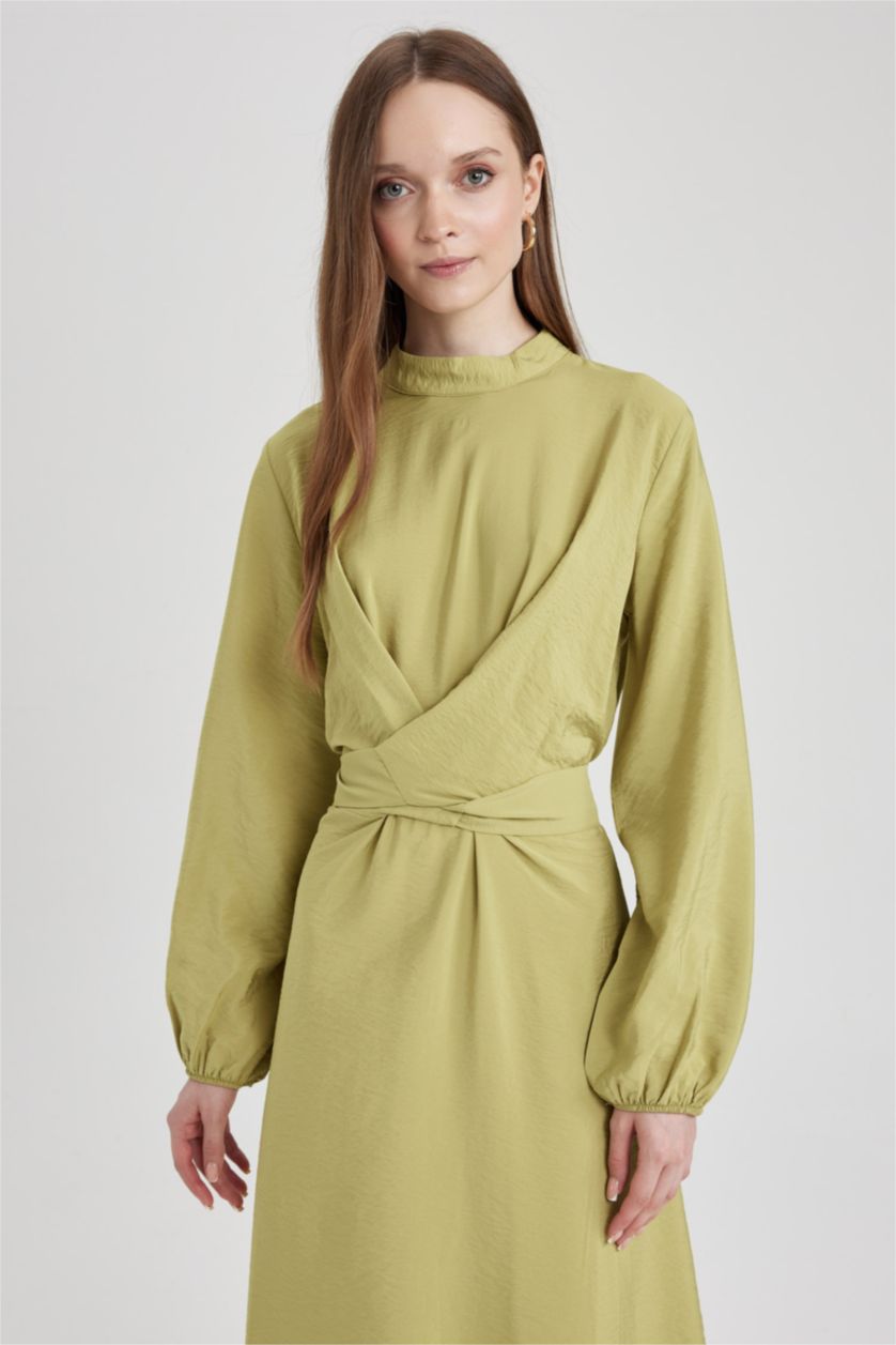 FEMME Vert Robe Tissée À Manches Longues Col De Chemise