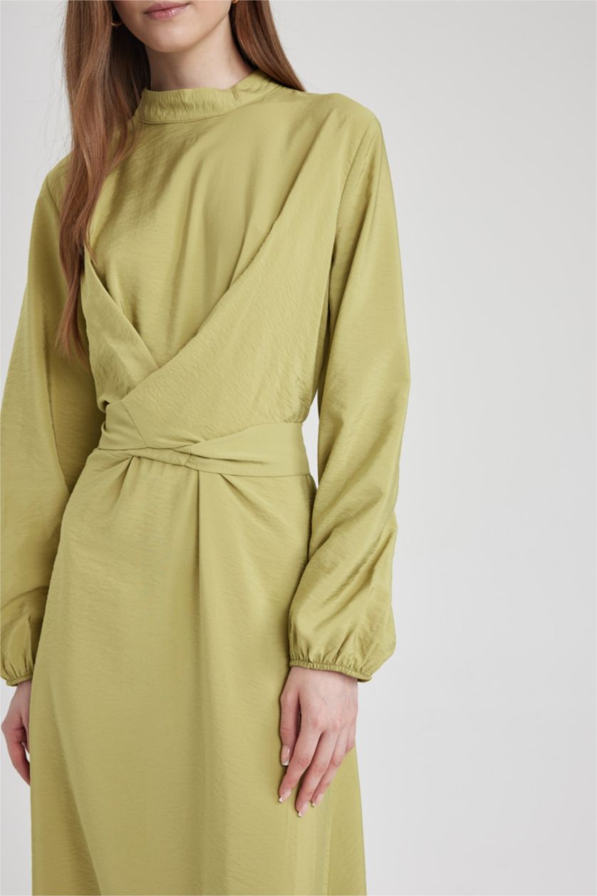 FEMME Vert Robe Tissée À Manches Longues Col De Chemise