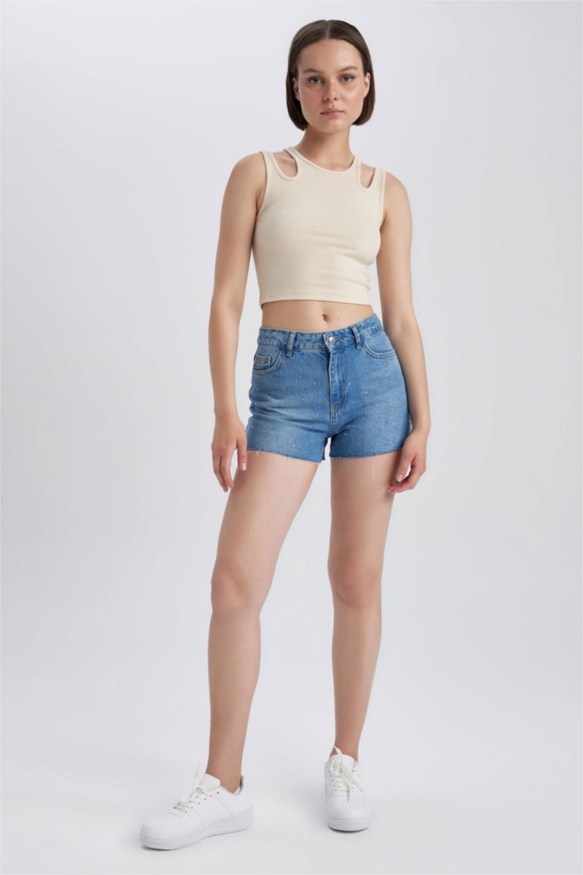 FEMME Beige Débardeur Caraco Côtelé À Col Ras Du Cou Ajusté