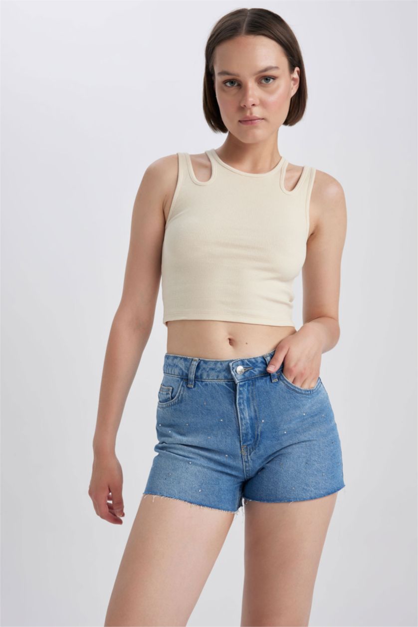 FEMME Beige Débardeur Caraco Côtelé À Col Ras Du Cou Ajusté