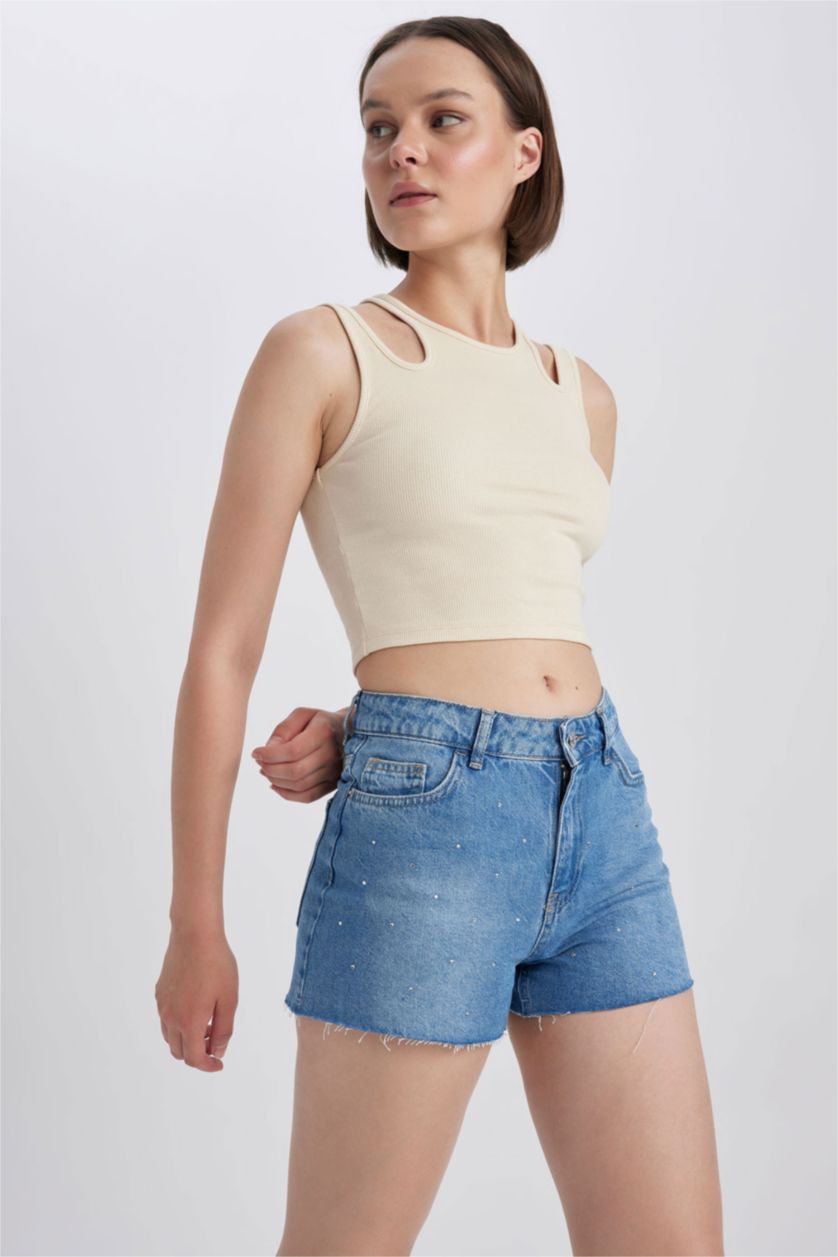 FEMME Beige Débardeur Caraco Côtelé À Col Ras Du Cou Ajusté