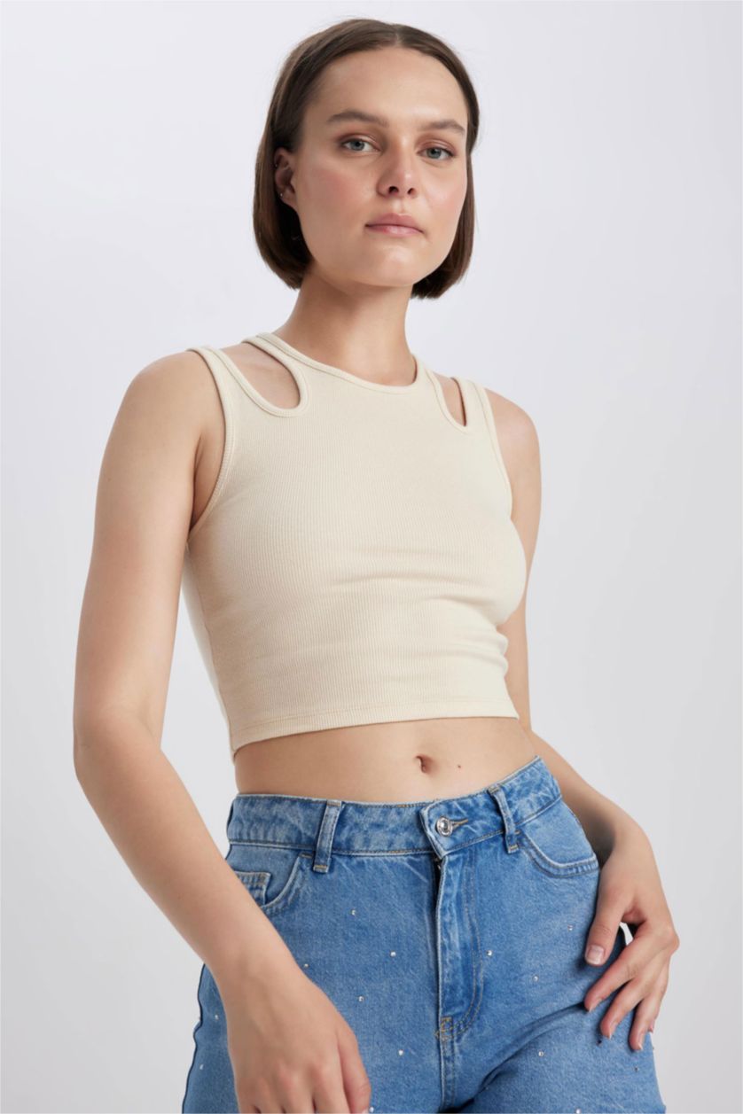 FEMME Beige Débardeur Caraco Côtelé À Col Ras Du Cou Ajusté