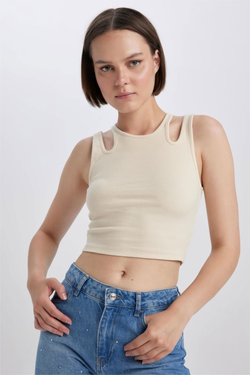 FEMME Beige Débardeur Caraco Côtelé À Col Ras Du Cou Ajusté