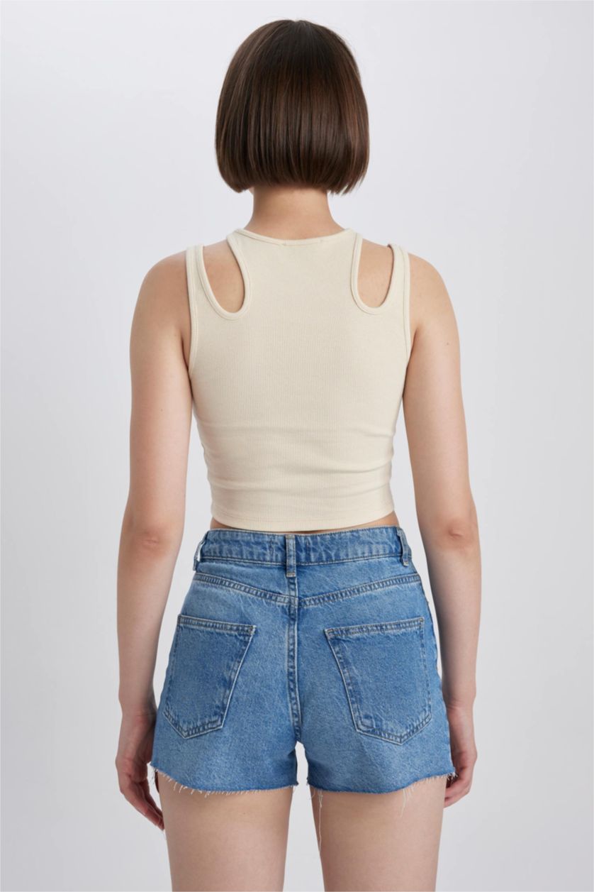 FEMME Beige Débardeur Caraco Côtelé À Col Ras Du Cou Ajusté