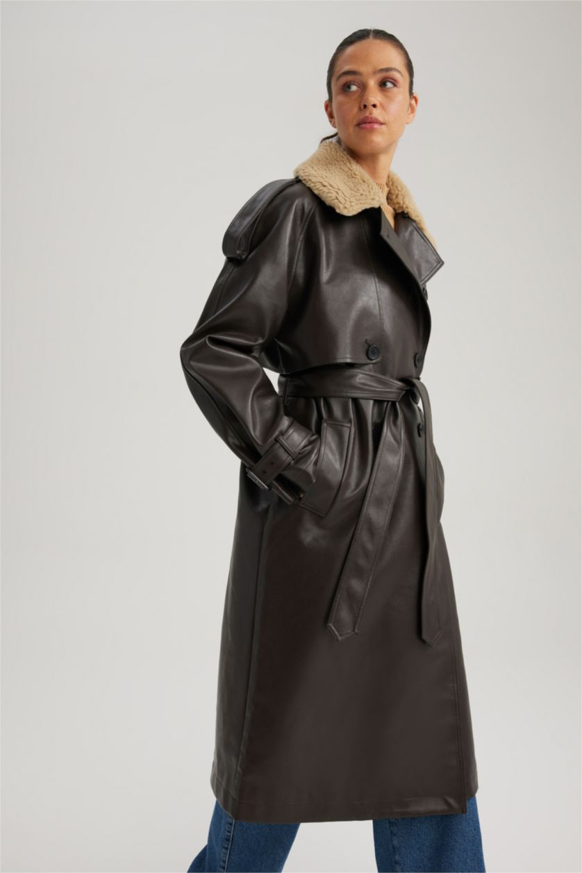 WOMAN Brown Waterproof Regular Fit Faux Leather Belted Trench Coat