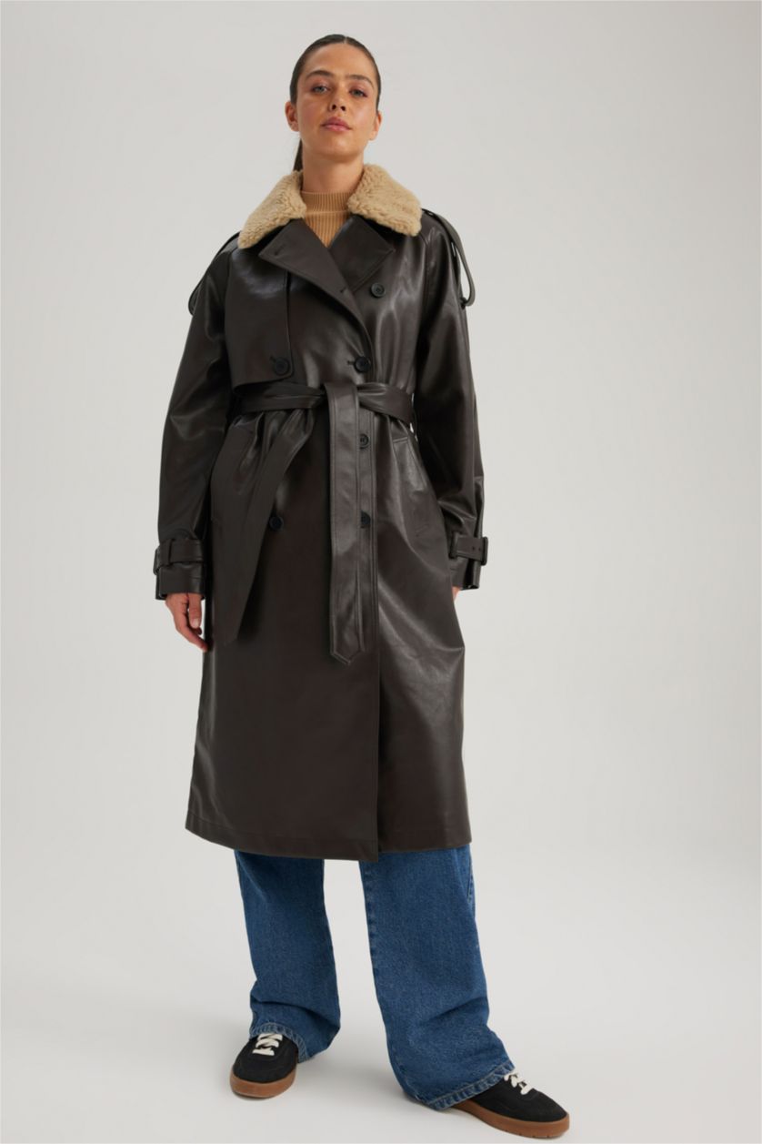 WOMAN Brown Waterproof Regular Fit Faux Leather Belted Trench Coat