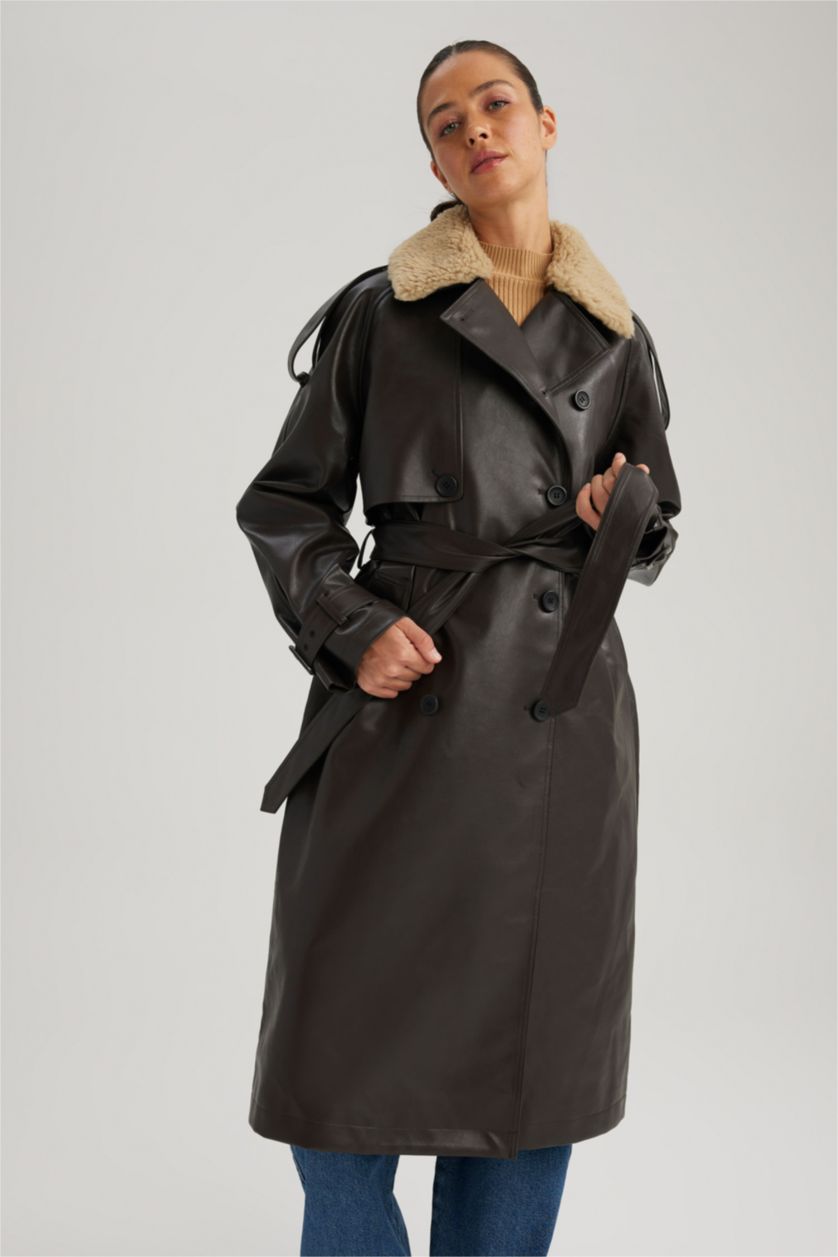 WOMAN Brown Waterproof Regular Fit Faux Leather Belted Trench Coat