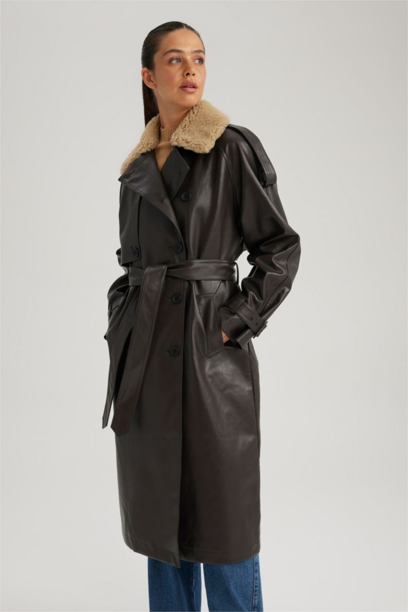 WOMAN Brown Waterproof Regular Fit Faux Leather Belted Trench Coat