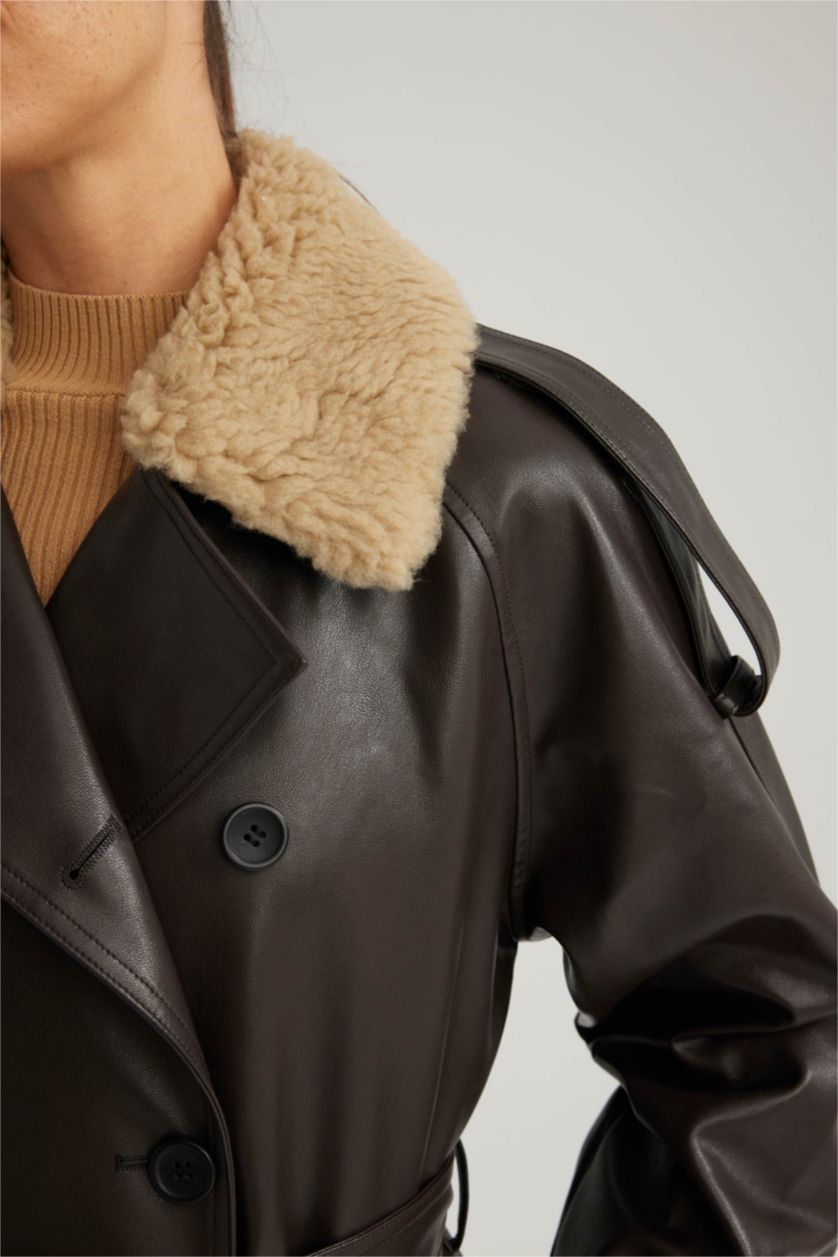 WOMAN Brown Waterproof Regular Fit Faux Leather Belted Trench Coat