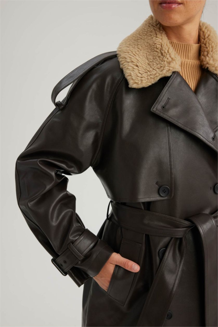 WOMAN Brown Waterproof Regular Fit Faux Leather Belted Trench Coat