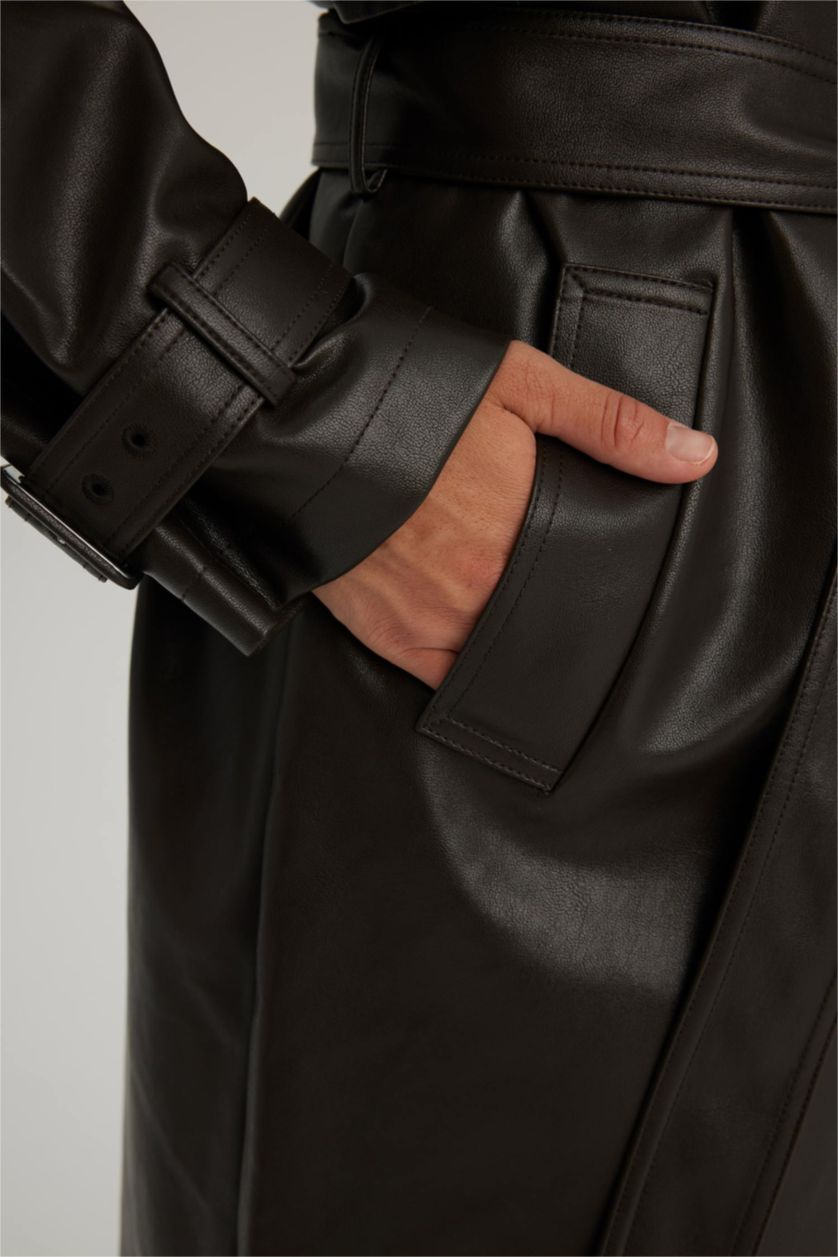 WOMAN Brown Waterproof Regular Fit Faux Leather Belted Trench Coat
