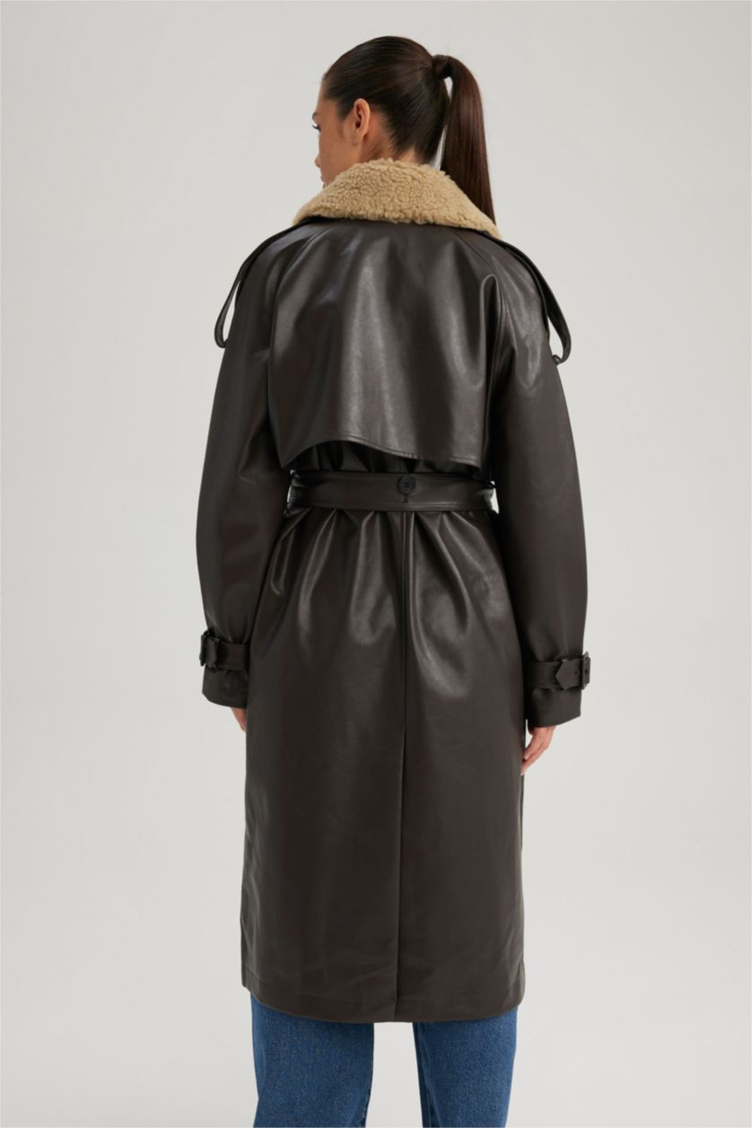 WOMAN Brown Waterproof Regular Fit Faux Leather Belted Trench Coat