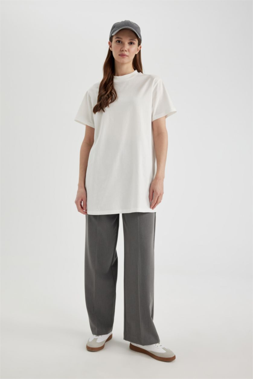 نساء بيج فاتح تونيك قطن نص كم قصة عادية برقبة مستديرة