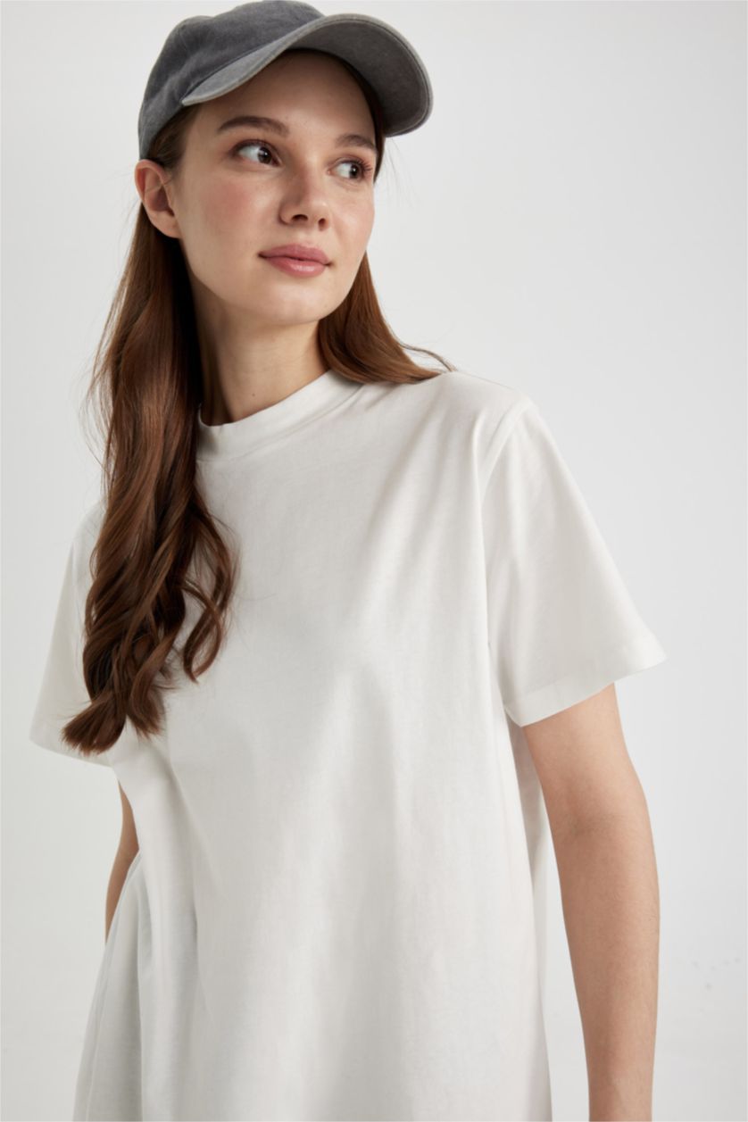 نساء بيج فاتح تونيك قطن نص كم قصة عادية برقبة مستديرة