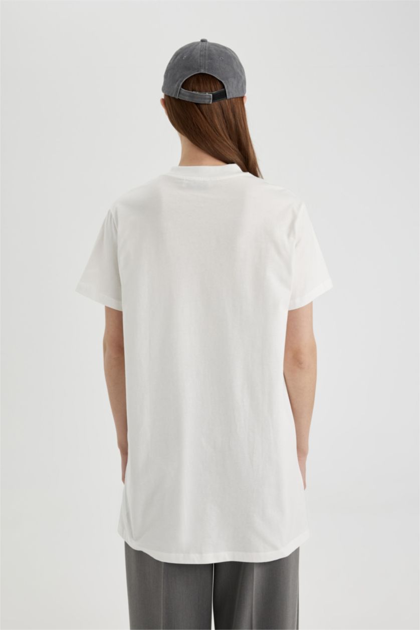 نساء بيج فاتح تونيك قطن نص كم قصة عادية برقبة مستديرة