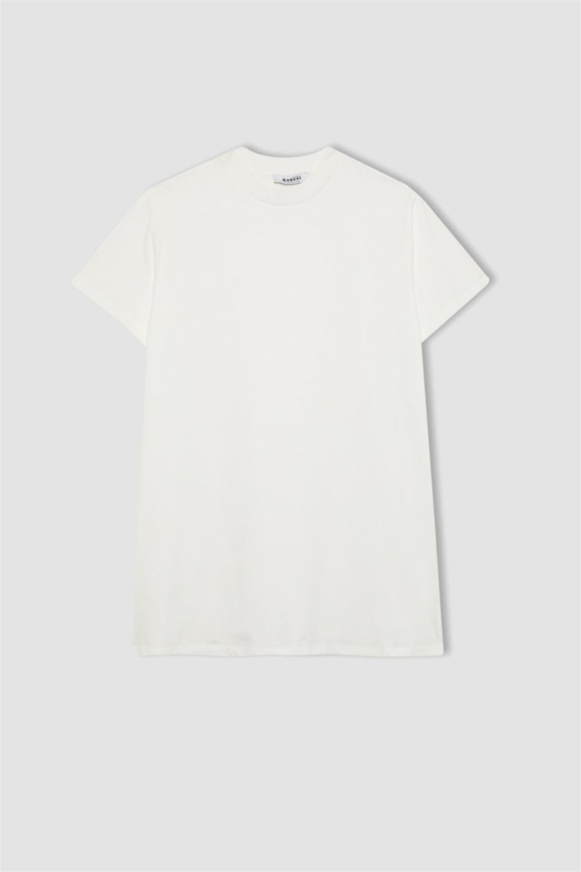 نساء بيج فاتح تونيك قطن نص كم قصة عادية برقبة مستديرة