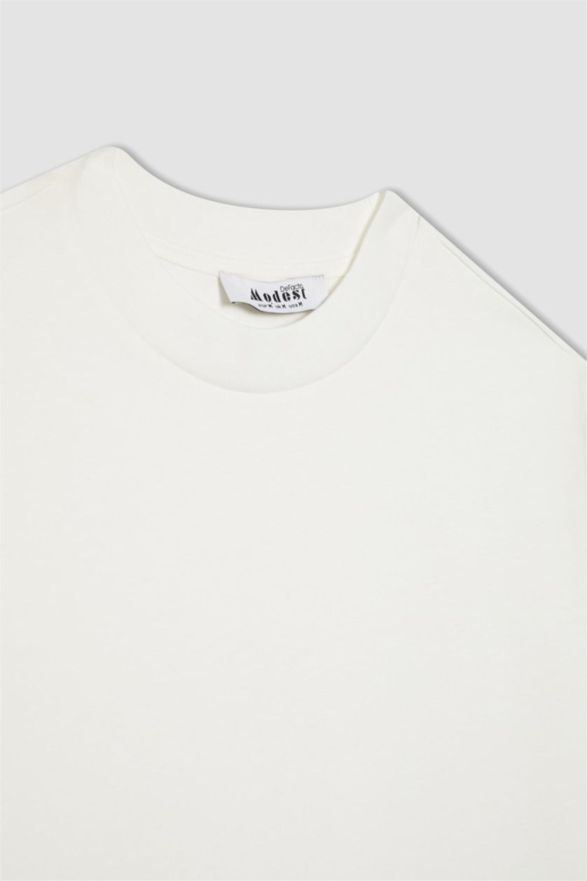 نساء بيج فاتح تونيك قطن نص كم قصة عادية برقبة مستديرة