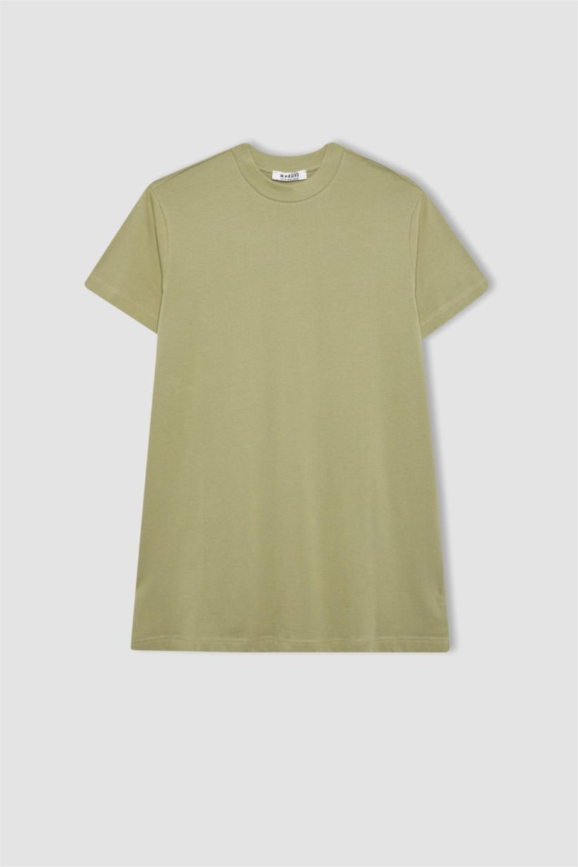 حريمي كاكي تونيك نص كم قطن قصة عادية بياقة مستديرة