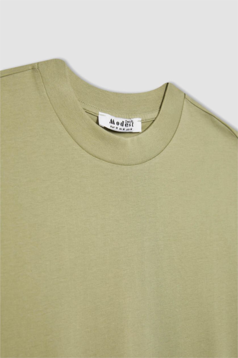 حريمي كاكي تونيك نص كم قطن قصة عادية بياقة مستديرة