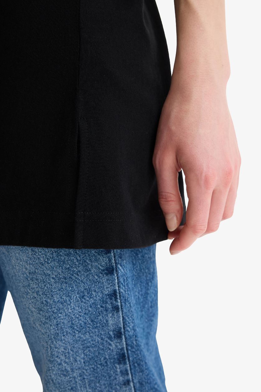 نساء أسود تيشيرت طويل قصة عادية بياخة مستديرة