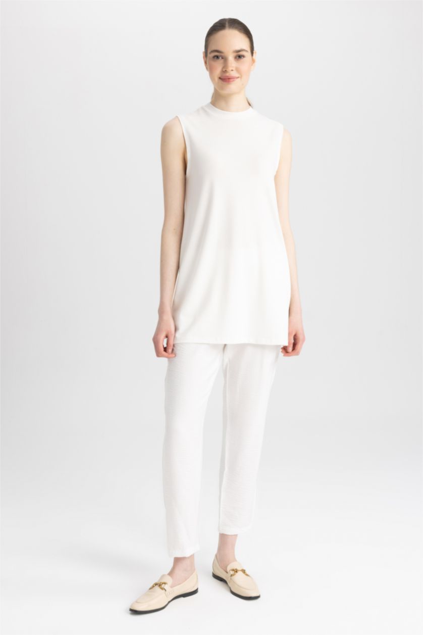 FEMME Écru Tunique à manches courtes Coupe Régulière Col Ras Du Cou