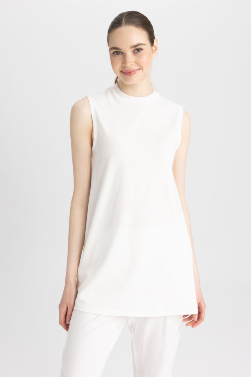 FEMME Écru Tunique à manches courtes Coupe Régulière Col Ras Du Cou